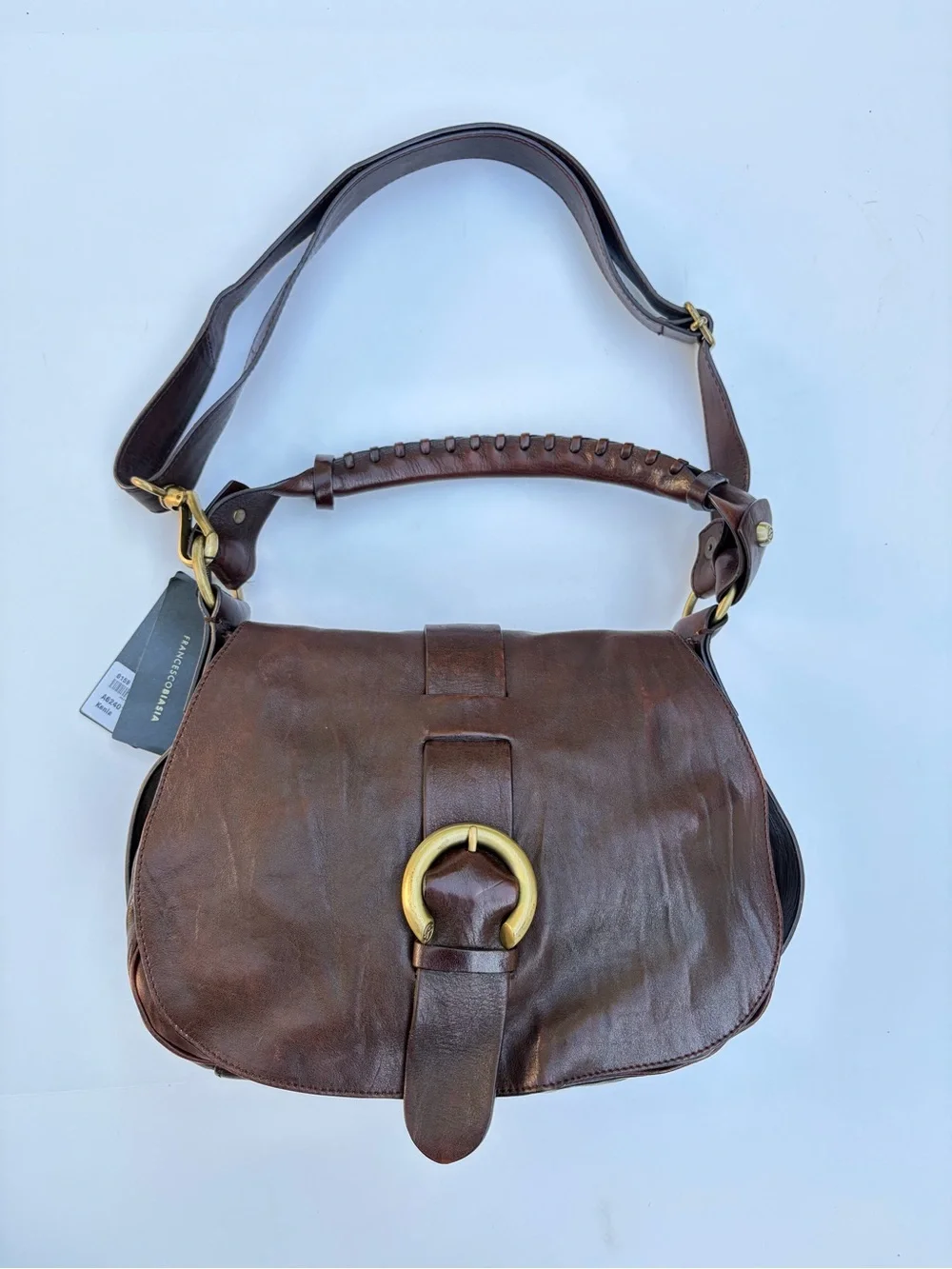 Francesco Biasia Brown Leather Shoulder Bag Whipstitch Kenia Buckle Hobo Vintage